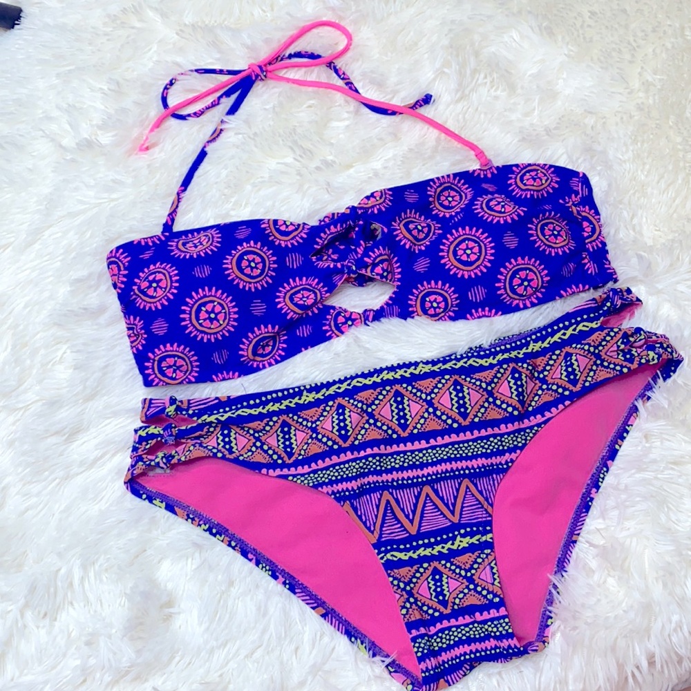 LA Hearts Purple Pink Halter Tie Bikini Swim Bathing Suit Size Medium & Large